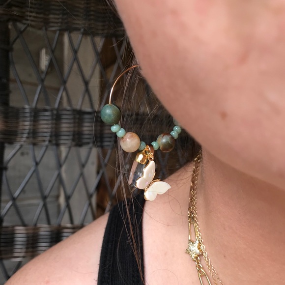 Indian Agate Butterfly Quartz Gold Hoop Earrings - Picture 2 of 8